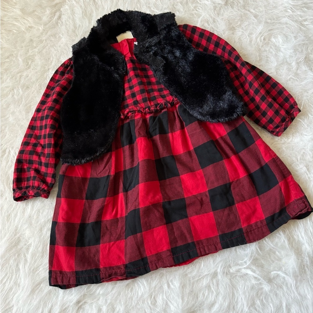 GAP Red and Black Checkered Dress with Faux Fur Vest